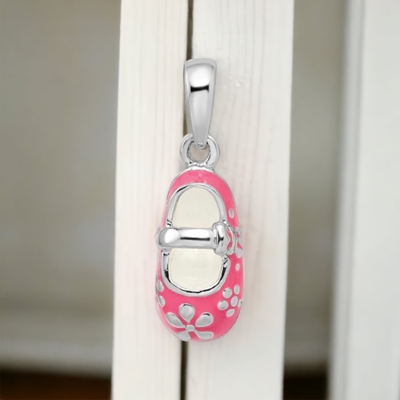 Sterling Silver Polished 3D Pink Enameled w/ Flowers Baby Shoe Charm Pendant - Picture 1 of 7